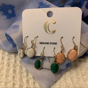 🦋 3 pair gold earrings set crackle stone NWT